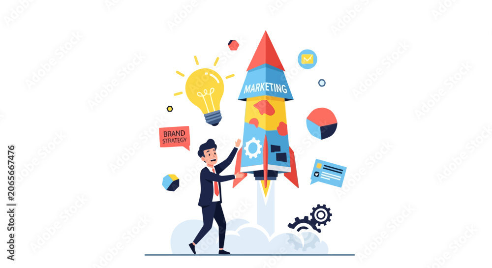 Fototapeta premium An illustration of a businessman launching a marketing rocket surrounded by various business icons representing ideas, data, and growth.