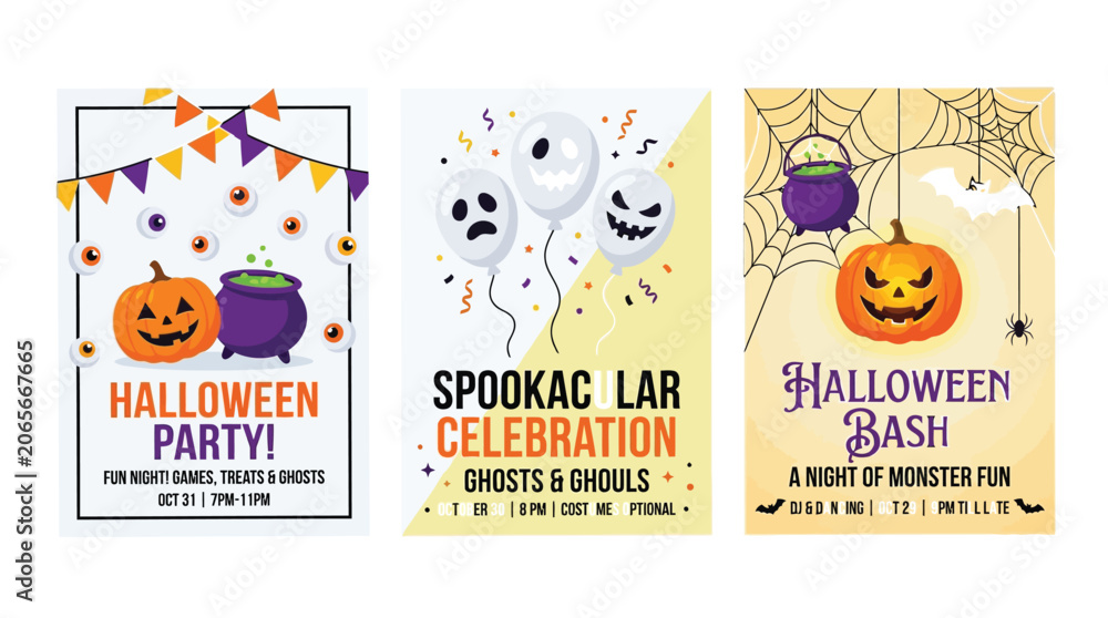 Fototapeta premium Three vibrant halloween party invitation vector flyer designs featuring spooky pumpkins ghosts and festive seasonal decorations