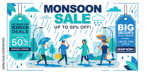 Photos Group of people walking in heavy rain during monsoon sale with discount tags and