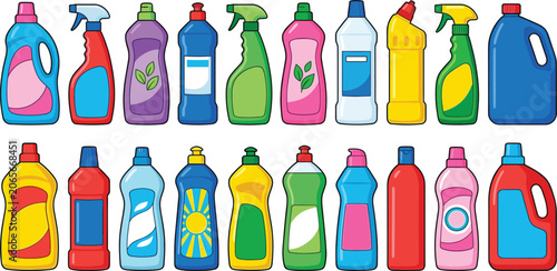 Konstfotografi Set of colorful cleaning supply bottles and detergent containers for household s