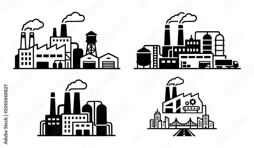 Obraz premium Three distinct vector icons depict factories with smokestacks, illustrating industrial activity in a city, vector illustration .