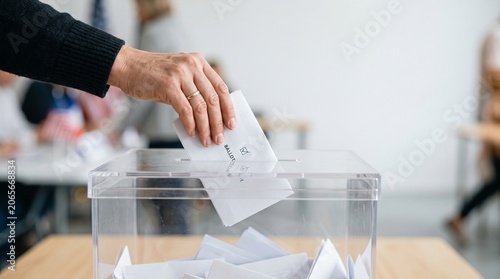 Citizen's hand casts a vote into a clear ballot box during an election, symbolizing democratic participation and the importance of civic engagement in a fair electoral process