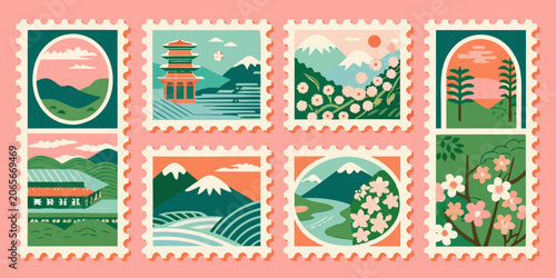 Fotografía Collection Of Illustrated Postage Stamps With Scenic Asian Landscapes