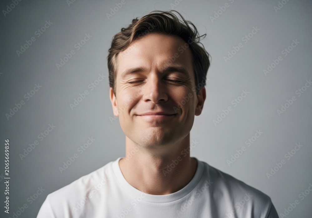 Obraz premium Portrait of a serene young man with closed eyes, expressing peace and contentment against a neutral grey studio background