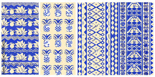 Bild auf Leinwand Tropical pineapple and floral ornament vector pattern with blue and cream tones