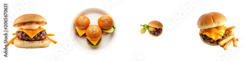 set of pictures for Juicy mini sliders with beef patty, cheese, lettuce, and tomato in a soft bun.