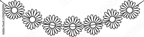 Hanging garland of seven daisy flowers, black and white line
