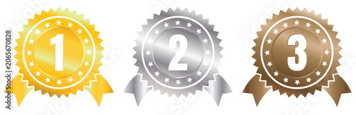 Fotografie 1st 2nd 3rd place awards, Gold, Silver, and Bronze Award Ribbon Badges Set, achievements, rankings, and sports competitions