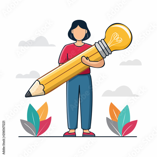 Person Holding a Giant Pencil with a Lightbulb Idea