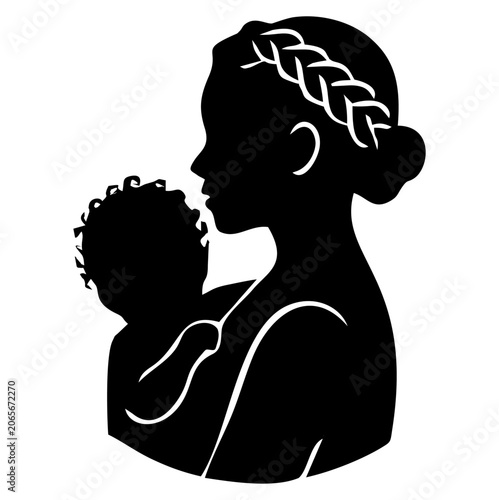 Tableau sur toile The image shows a black and white silhouette of a mother with long, tied-up hair gently holding her curly-haired baby