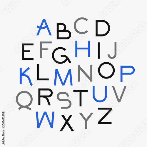 Modern geometric sans serif alphabet in branding style. Clean uppercase letters arranged as a colorful typography composition for logo design, identity systems, posters and creative projects.