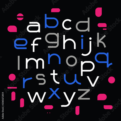 Colorful lowercase alphabet composition featuring a modern geometric sans serif typeface. Creative typography layout for branding, visual identity, editorial design, posters and digital projects.