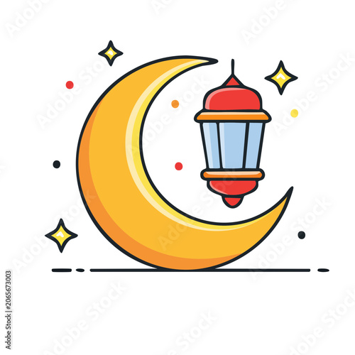 Flat design lantern and crescent moon illustration