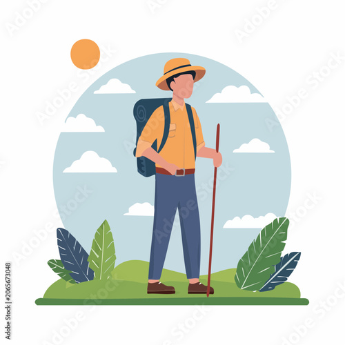 Hiker with Backpack and Walking Stick in Nature