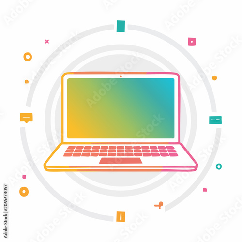 Laptop with colorful screen and communication icons