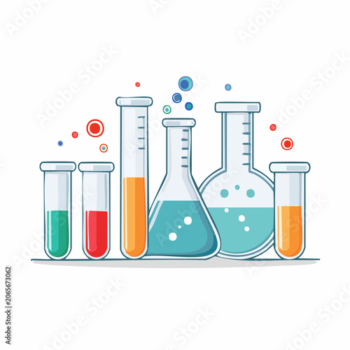 Laboratory equipment with colorful liquids and bubbles