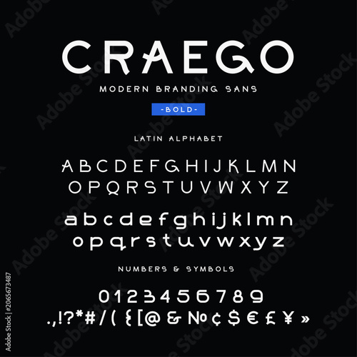 Modern branding sans serif font alphabet with uppercase and lowercase letters, numbers and symbols. Clean geometric typography set for logos, visual identity, technology brands and design projects.