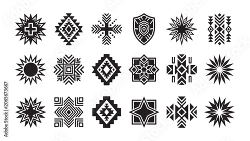 Intricate Native American Tribal Geometric Symbols and Abstract Decorative Patterns