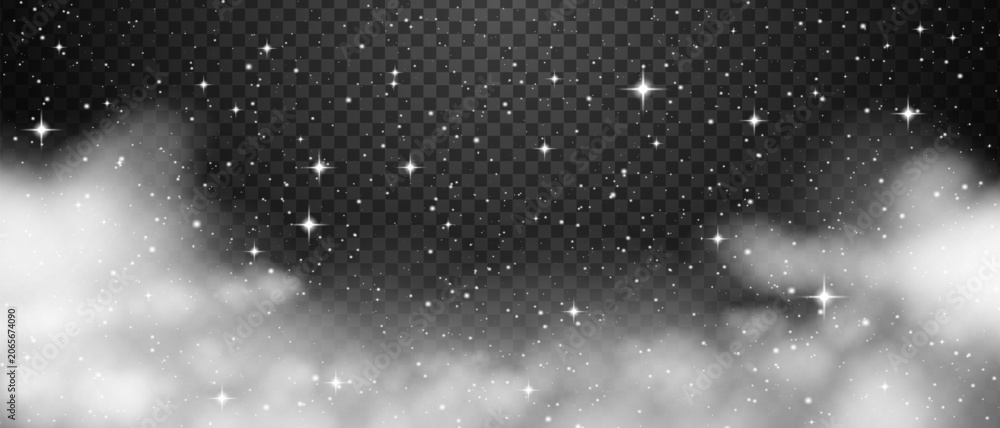 Naklejka premium Dark starry night sky cloudy background vector. Realistic deep space cosmic galaxy nebula texture illustration. Midnight milky way astronomy starfield glow overlay.