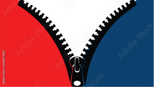 Stylized zipper vector with black partially unzipped design separating red and blue sections and revealing white center background