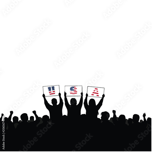Patriotic USA crowd vector with silhouetted figures raising arms and holding red‑white‑blue “USA” signs in national celebration