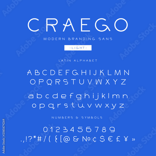 Light geometric sans serif font presentation with Latin alphabet, numbers and symbols. Modern branding typography for logos, identity design, technology products, websites and editorial use.