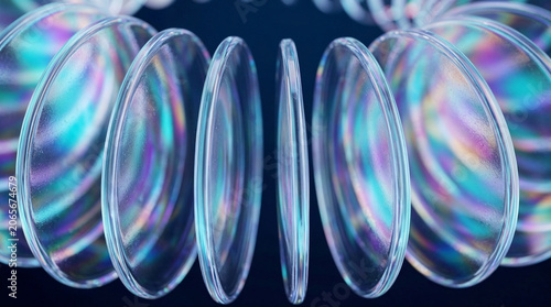Floating iridescent glass rings in a curved formation.