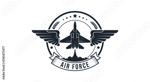 Air Force emblem with jet fighter and wings logo.