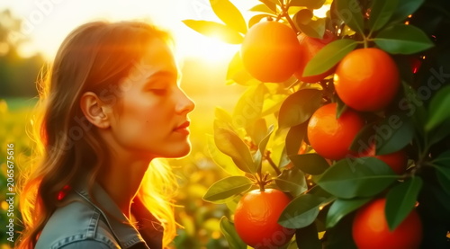 A young woman in denim clothes looks at oranges on a tree on a summer day