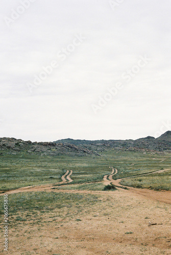 An unpaved road cutting across the field