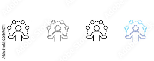 Multitasking person line icon set juggling many balls outline vector illustration.