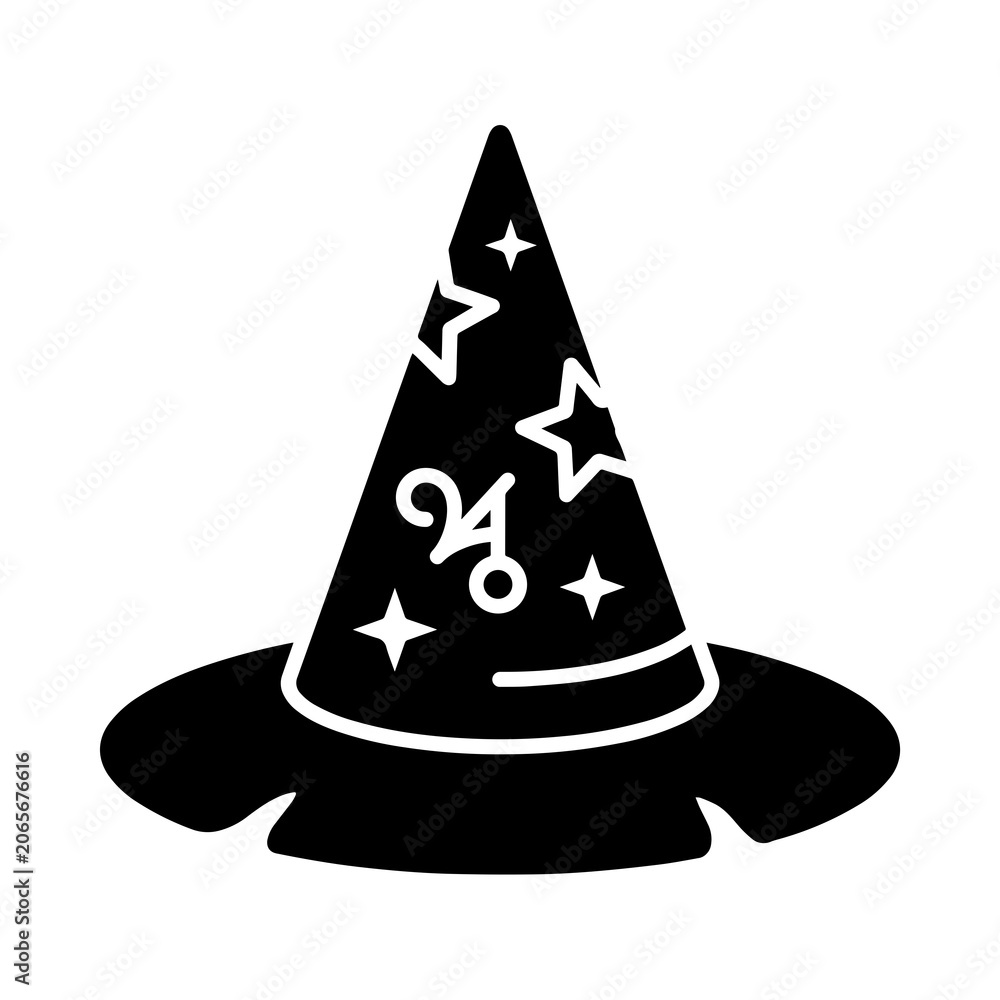 Fototapeta premium Black silhouette icon of a decorated witch hat with stars and magical symbols