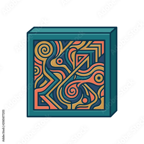 Abstract geometric art box with colorful swirling patterns and psychedelic line work design.