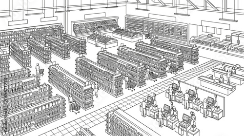 Supermarket interior line art illustration showing aisles, shelves, checkout counters, refrigerators, and shoppers from a high angle perspective