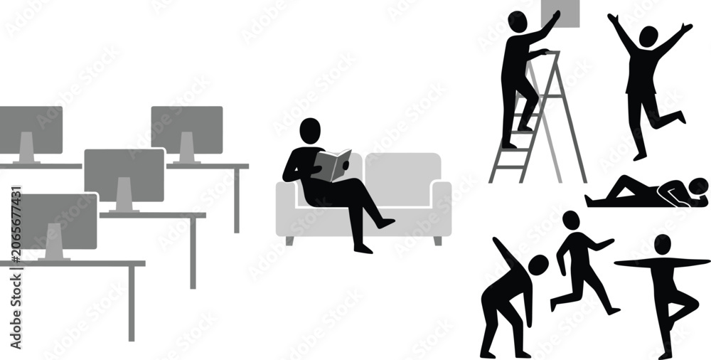 Fototapeta premium People Lifestyle and Workplace Activity Silhouettes with Office and Home Scenes