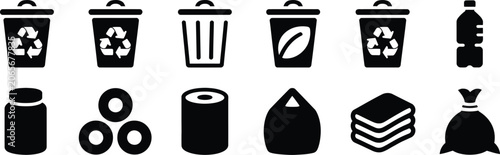 Foto Waste Sorting icons featuring recycling categories, garbage separation symbols,