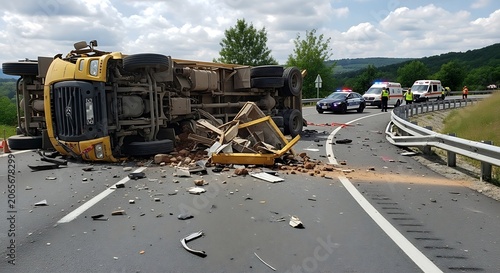 Overturned Truck Accident with Debris on Highway Roadway.