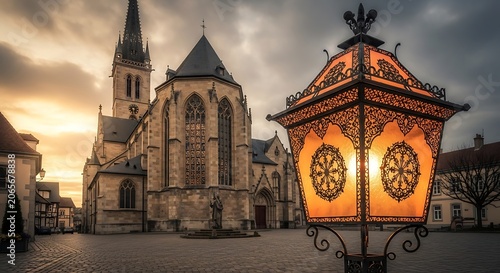 Historic Gothic cathedral with clock tower at dusk.