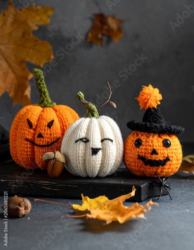 Three crocheted pumpkins with cheerful and spooky faces on a dark background