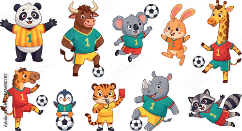 Photography Cute Cartoon Animal Soccer Players Icon Set with Panda, Tiger, Giraffe, Raccoon,