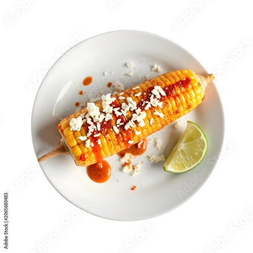 Traditional Mexican elote grilled corn with creamy sauce, cotija cheese, chili powder, and lime.