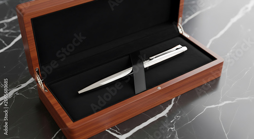 Luxury pen in wooden box presentation mockup, blank spaces for text