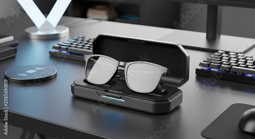 Modern glasses case on tech workspace with keyboard, mouse, lamp mockup, blank spaces for text