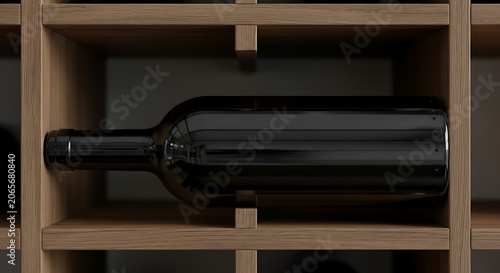 Elegant wine bottle in wooden shelf mockup, blank spaces for text
