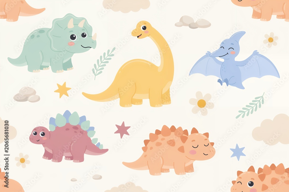 Fototapeta premium Seamless pattern featuring adorable cartoon dinosaurs, including triceratops, stegosaurus, and pterodactyl, with decorative leaves, stars, and clouds
