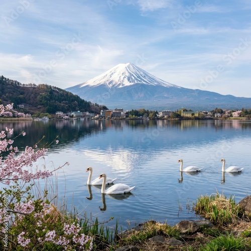 Majestic Mount Fuji Reflects in Tranquil Lake Kawaguchiko with Swans and Cherry Blossoms.