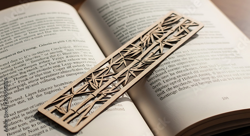 Decorative bookmark with geometric design in an open book mockup, blank spaces for text