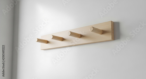 Minimalist wooden coat rack with hooks for keys and accessories mockup, blank spaces for text