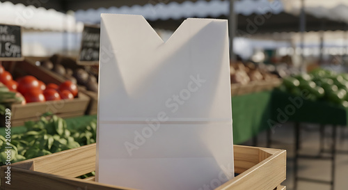 Empty paper bag mockup with produce background, blank spaces for text mockup, blank spaces for text