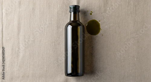 Bottle of olive oil with drop on fabric, mockup, blank spaces for text